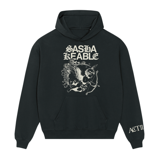 Black Sasha Keable hoodie with white cherub graphic.