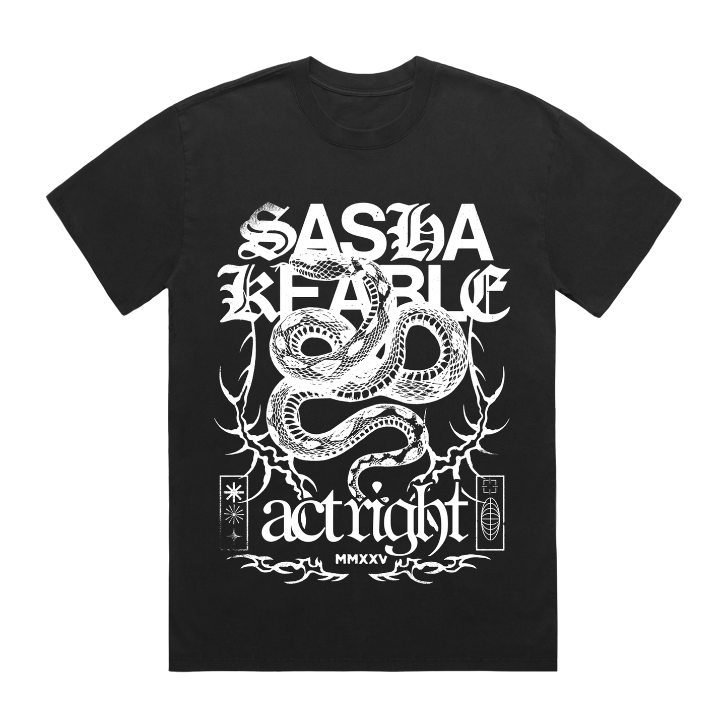 Black Sasha Keable t-shirt with white graphic snake design and text.