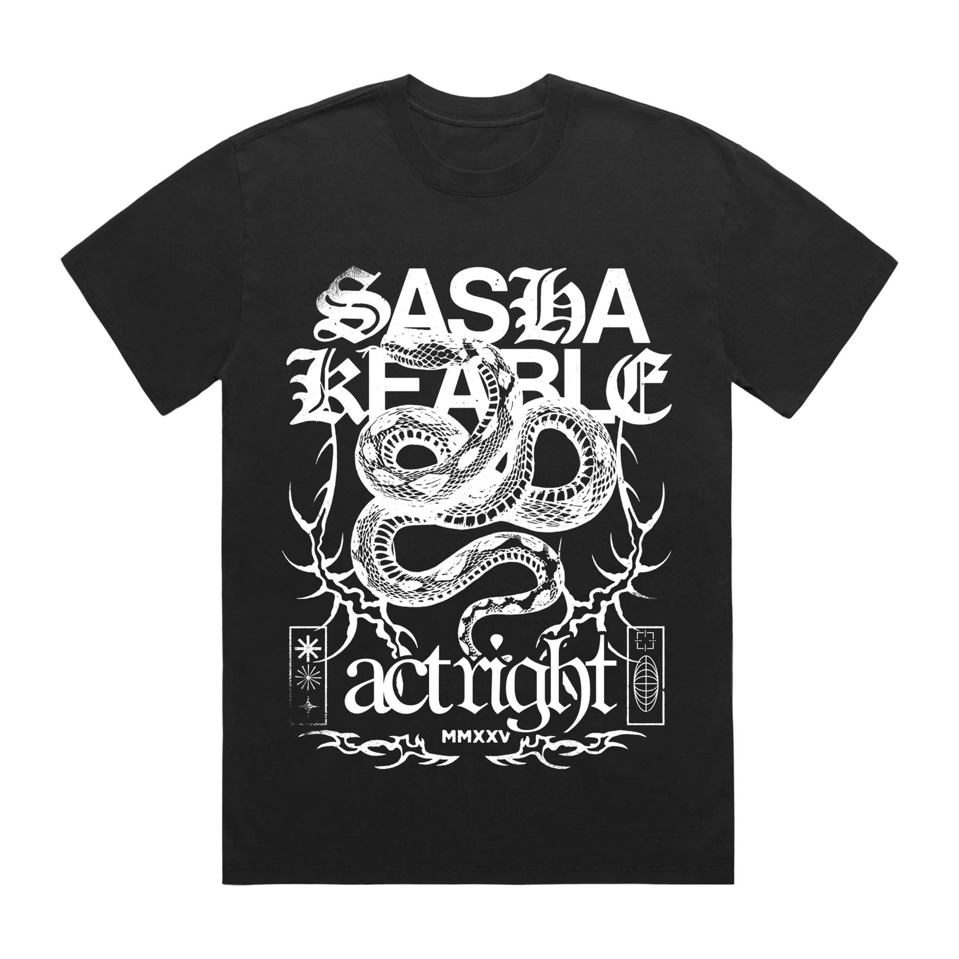 Black Sasha Keable t-shirt with white graphic snake design and text.