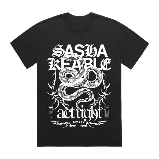 Black Sasha Keable t-shirt with white graphic snake design and text.
