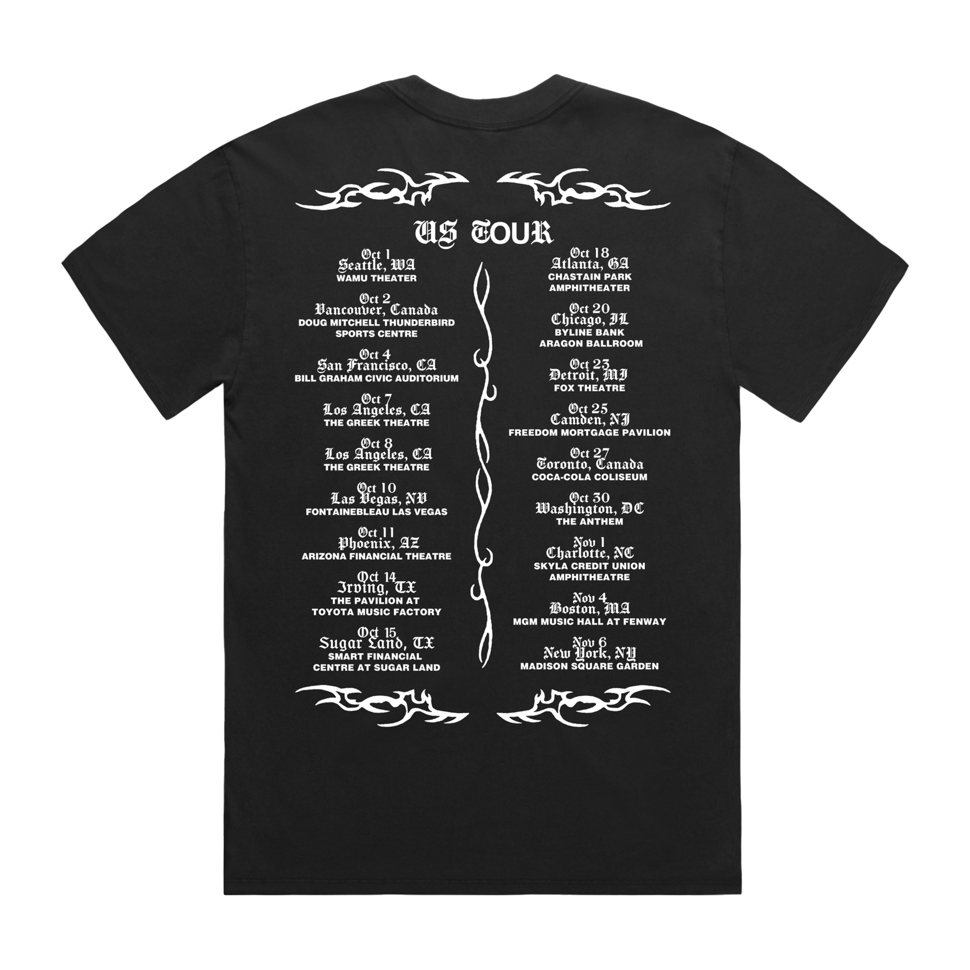 Black Sasha Keable t-shirt with white US tour dates text and graphics.