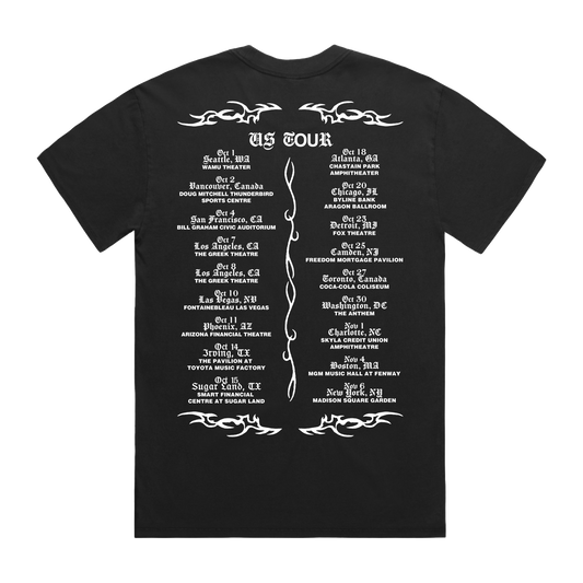 Black Sasha Keable t-shirt with white US tour dates text and graphics.