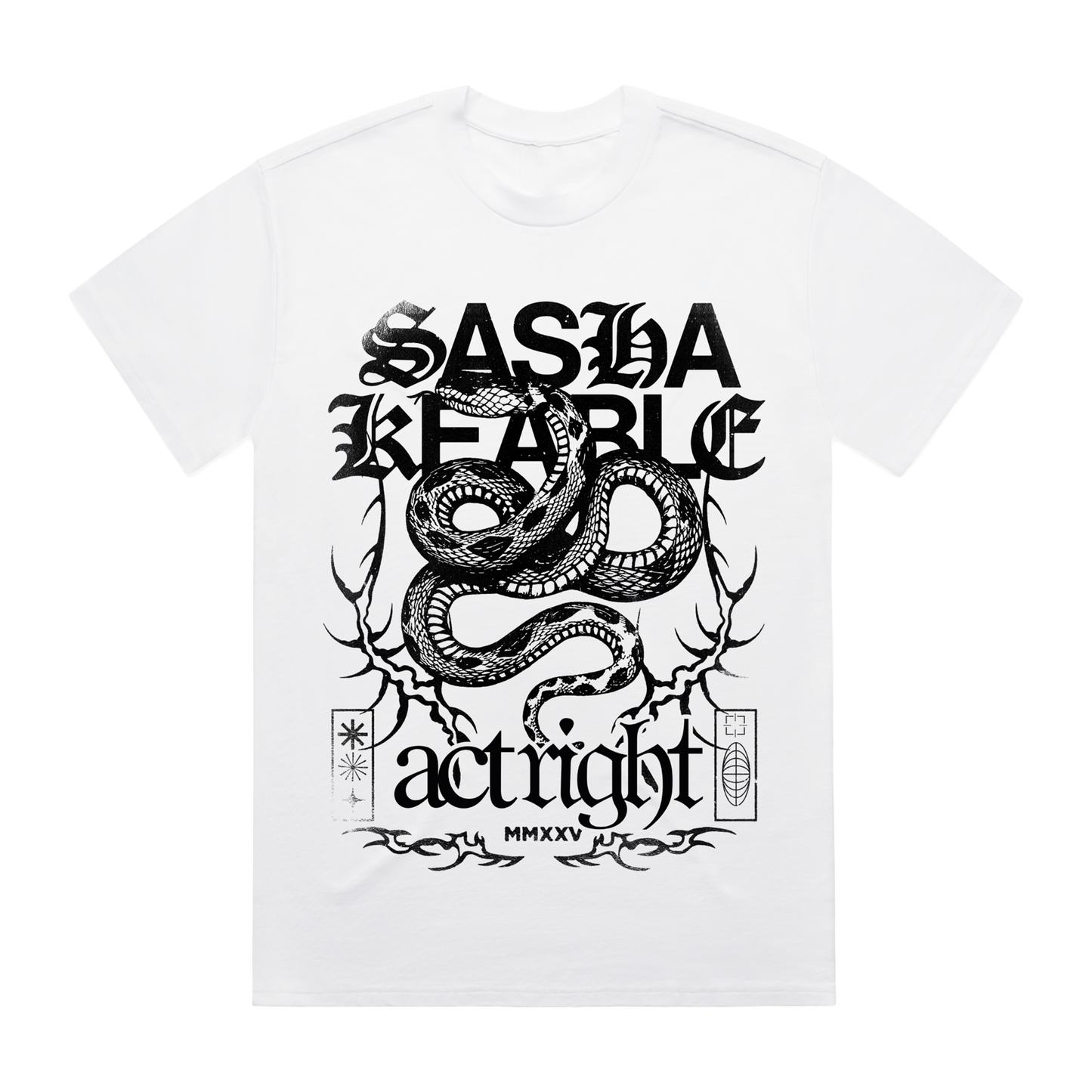 White Sasha Keable t-shirt with black graphic snake design.
