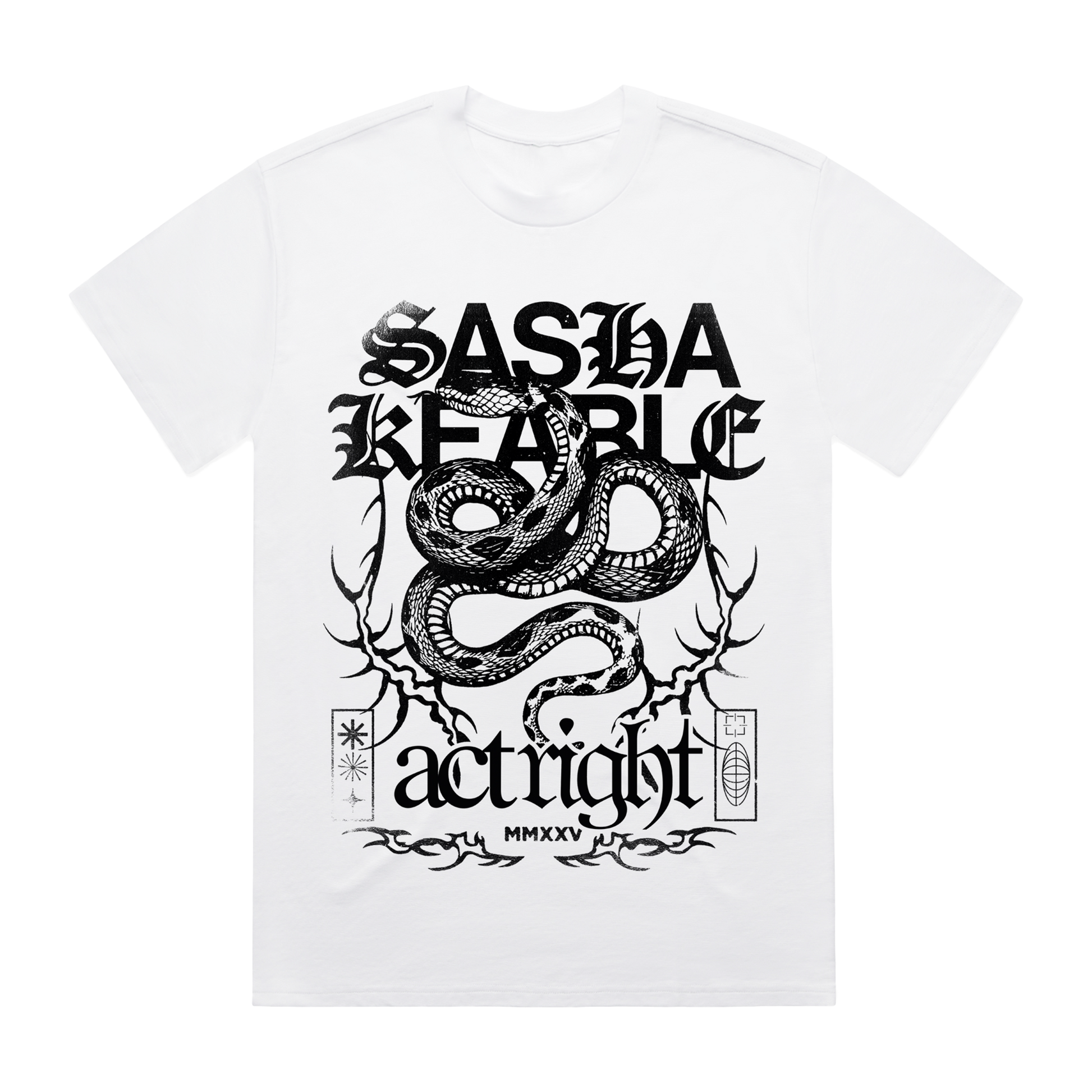 White Sasha Keable t-shirt with black graphic snake design.