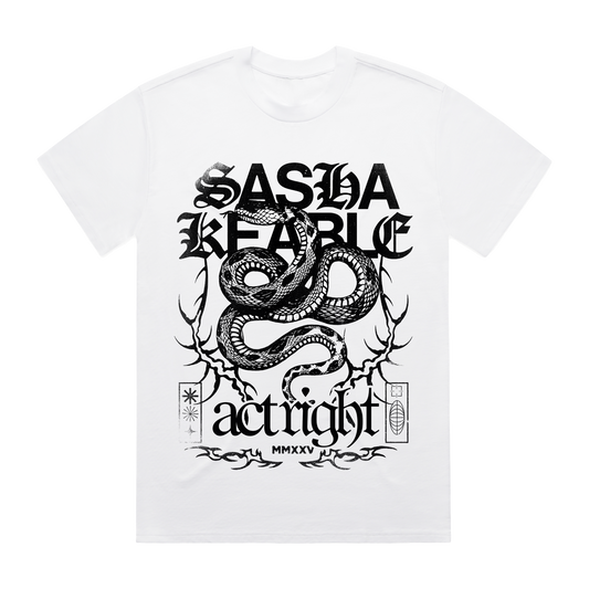White Sasha Keable t-shirt with black graphic snake design.