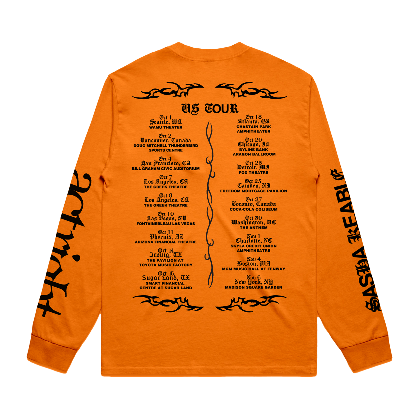 Orange Sasha Keable long-sleeve shirt with black  US tour dates on back.