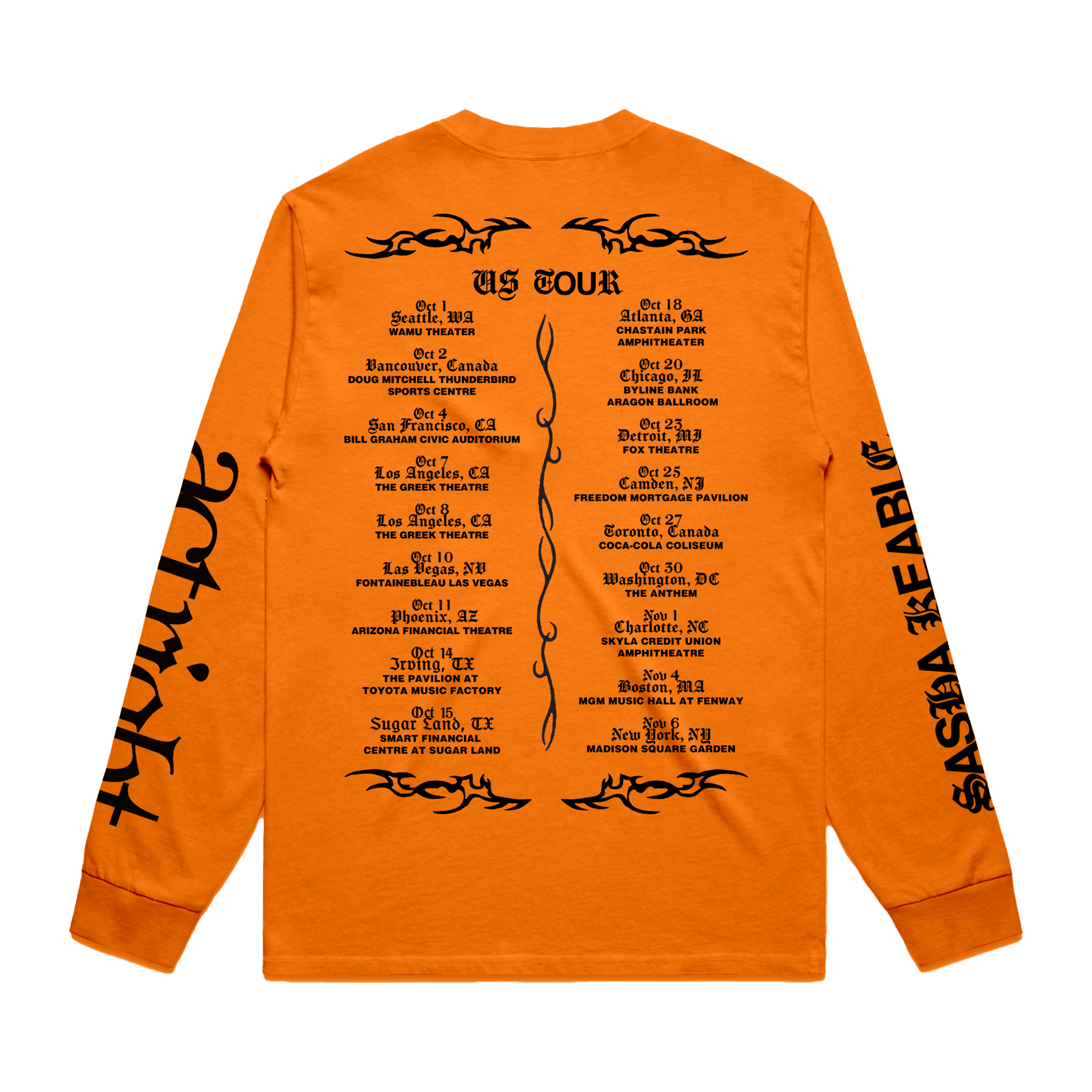 Orange Sasha Keable long-sleeve shirt with black  US tour dates on back.