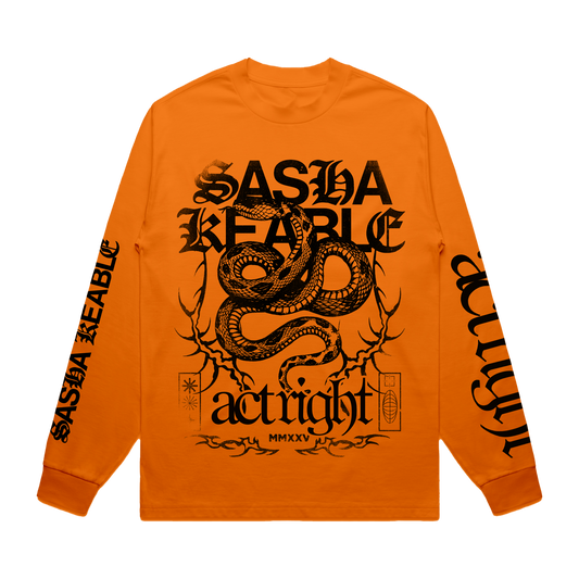 Orange long-sleeve Sasha Keable shirt with black graphic snake design.