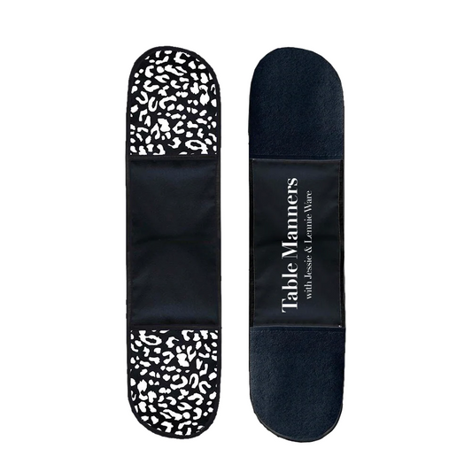 Table Manners black oven gloves with white leopard print glove print