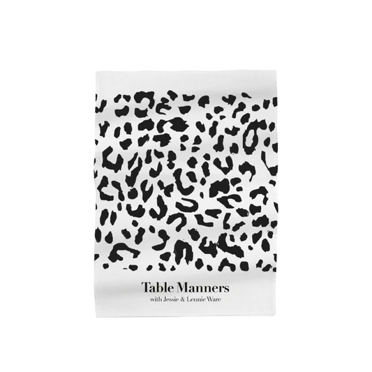 Table Manners white tea towel with leopard print front print