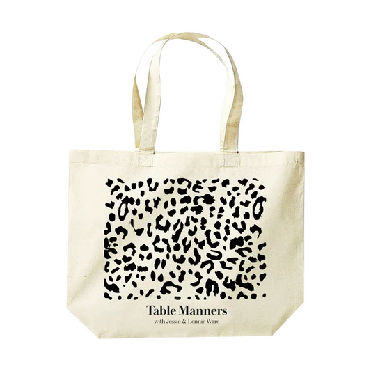Table Manners natural tote bag with leopard print front print