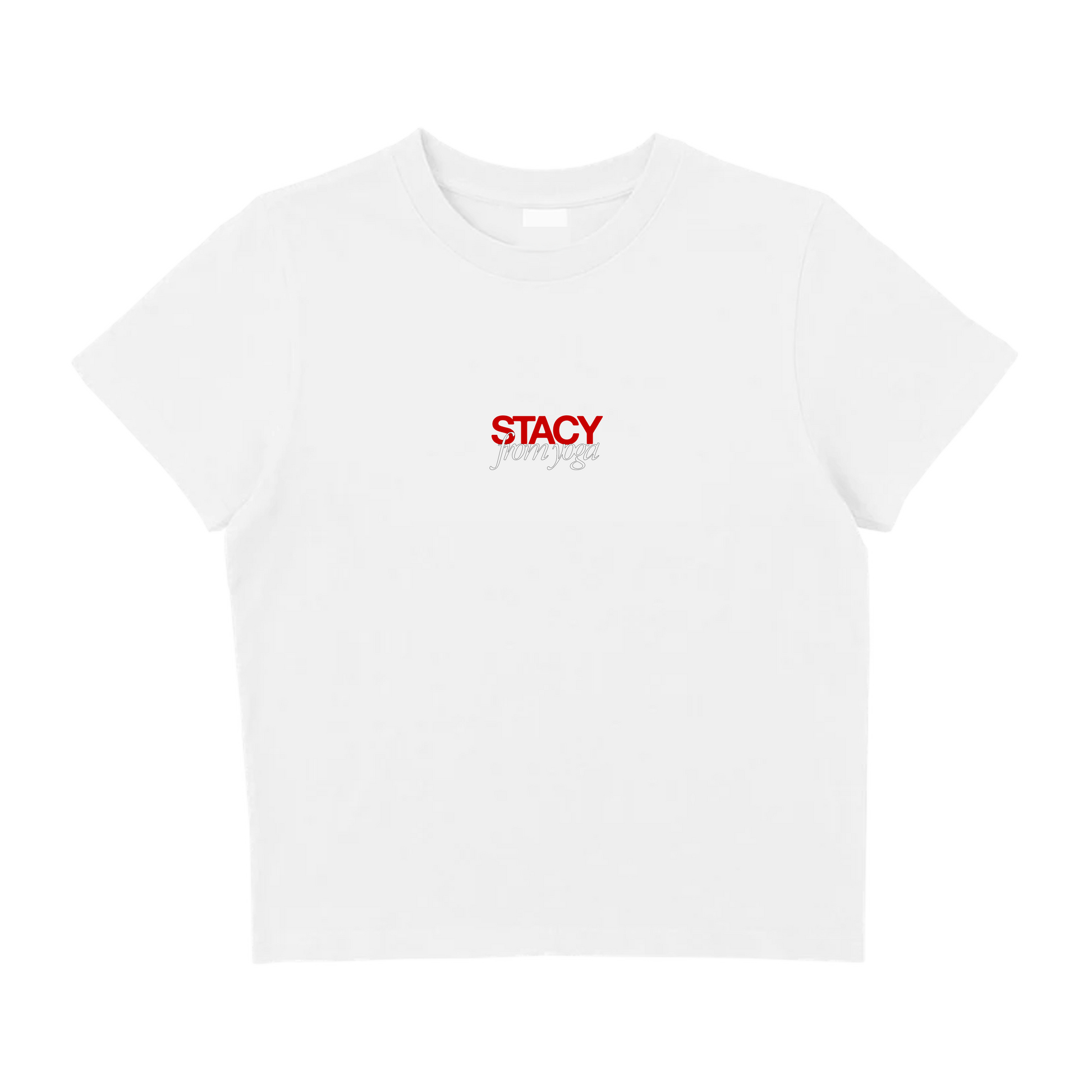 A white T-shirt with the word ‘STACY’ printed in small red letters across the center of the chest