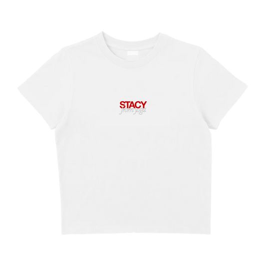 A white T-shirt with the word ‘STACY’ printed in small red letters across the center of the chest