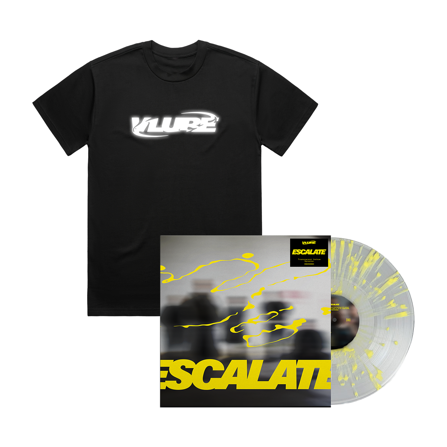 Escalate | Deluxe Yellow Splatter Vinyl + Black Tee + Signed Art Card