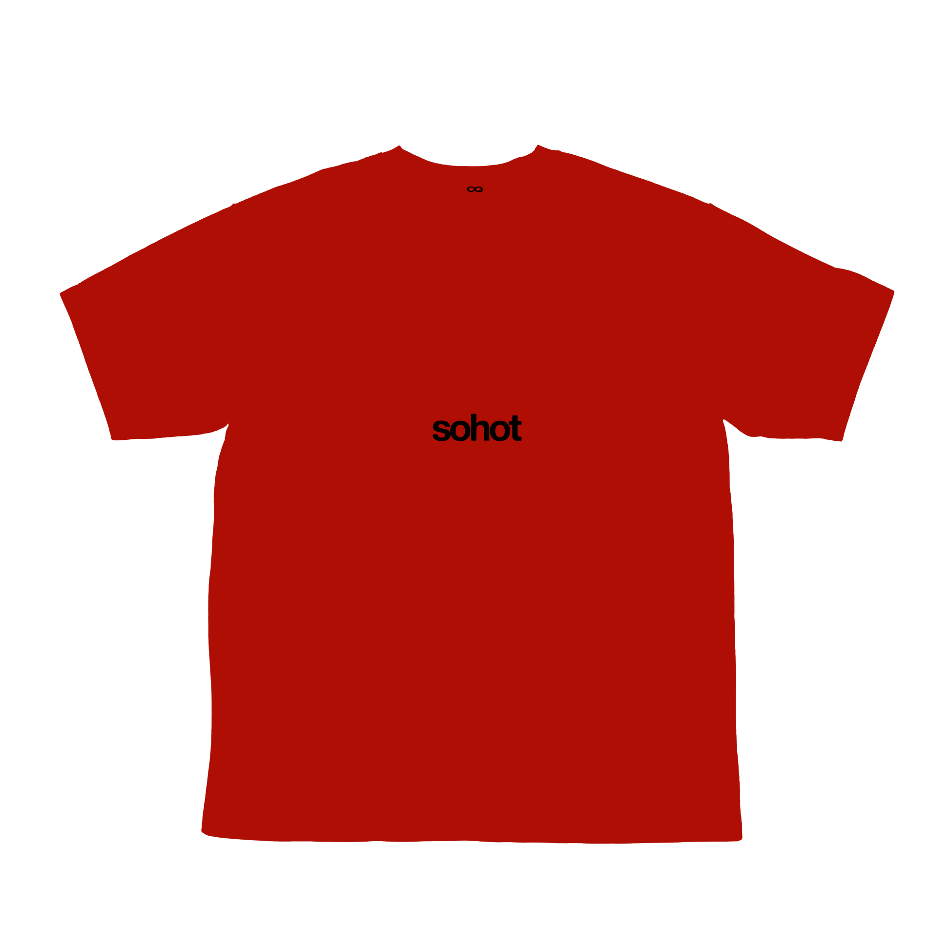 A red short-sleeve t-shirt with a black text reading 'so hot' across the chest