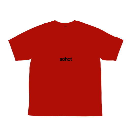 A red short-sleeve t-shirt with a black text reading 'so hot' across the chest