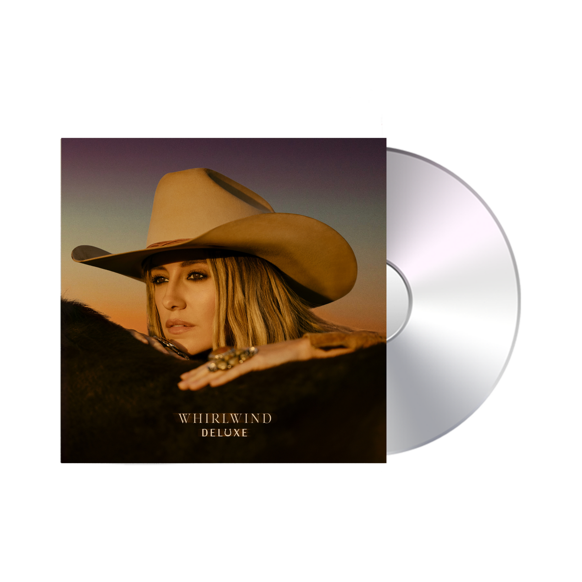 Deluxe edition cd album cover featuring a woman in a tan cowboy hat against a sunset backdrop, with the title ’whirlwind’ printed below.
