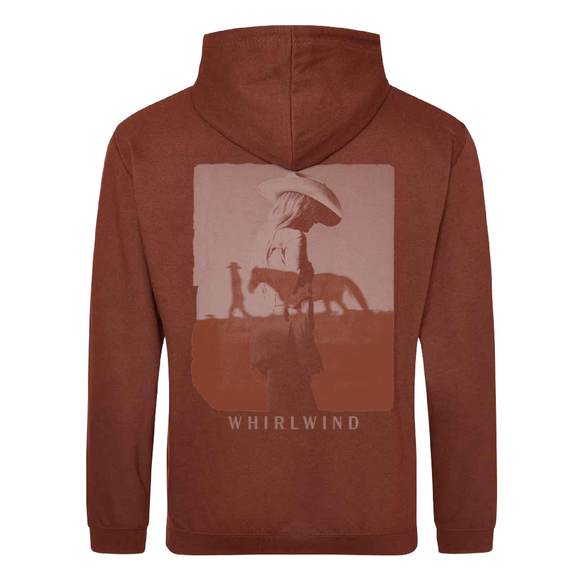 A rust-colored hoodie featuring a faded graphic of a person in a cowboy hat standing beside a horse, with the word ’whirlwind’ printed below.