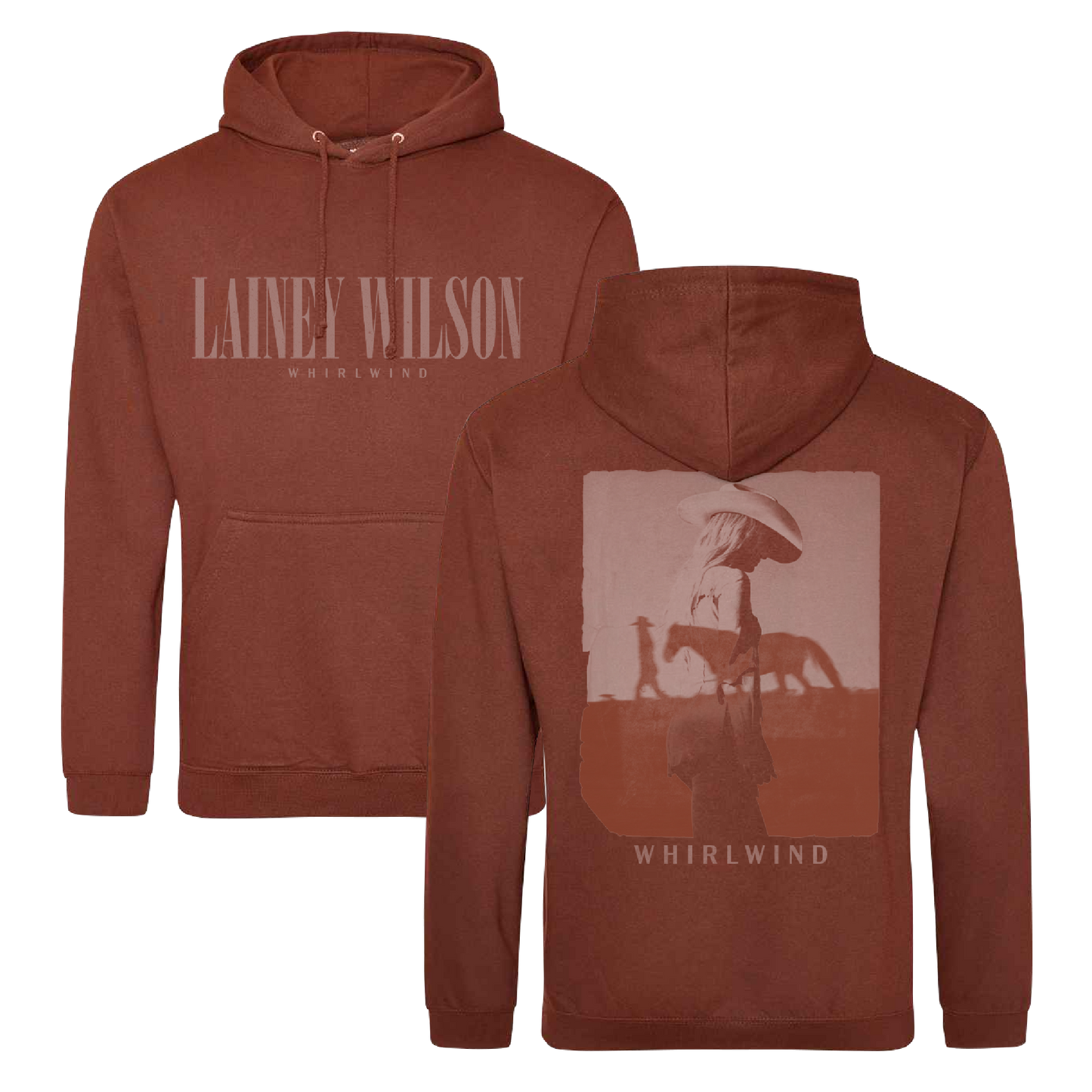 Rust-colored hoodie featuring ’lainey wilson’ and ’whirlwind’ branding with a graphic of a figure in a hat walking beside a horse on the back.