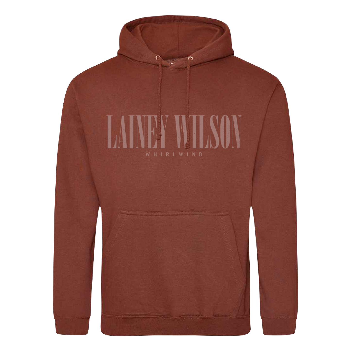 A rust-colored cotton hoodie featuring a front pocket and drawstrings with ’lainey wilson’ printed across the chest in matching tone.