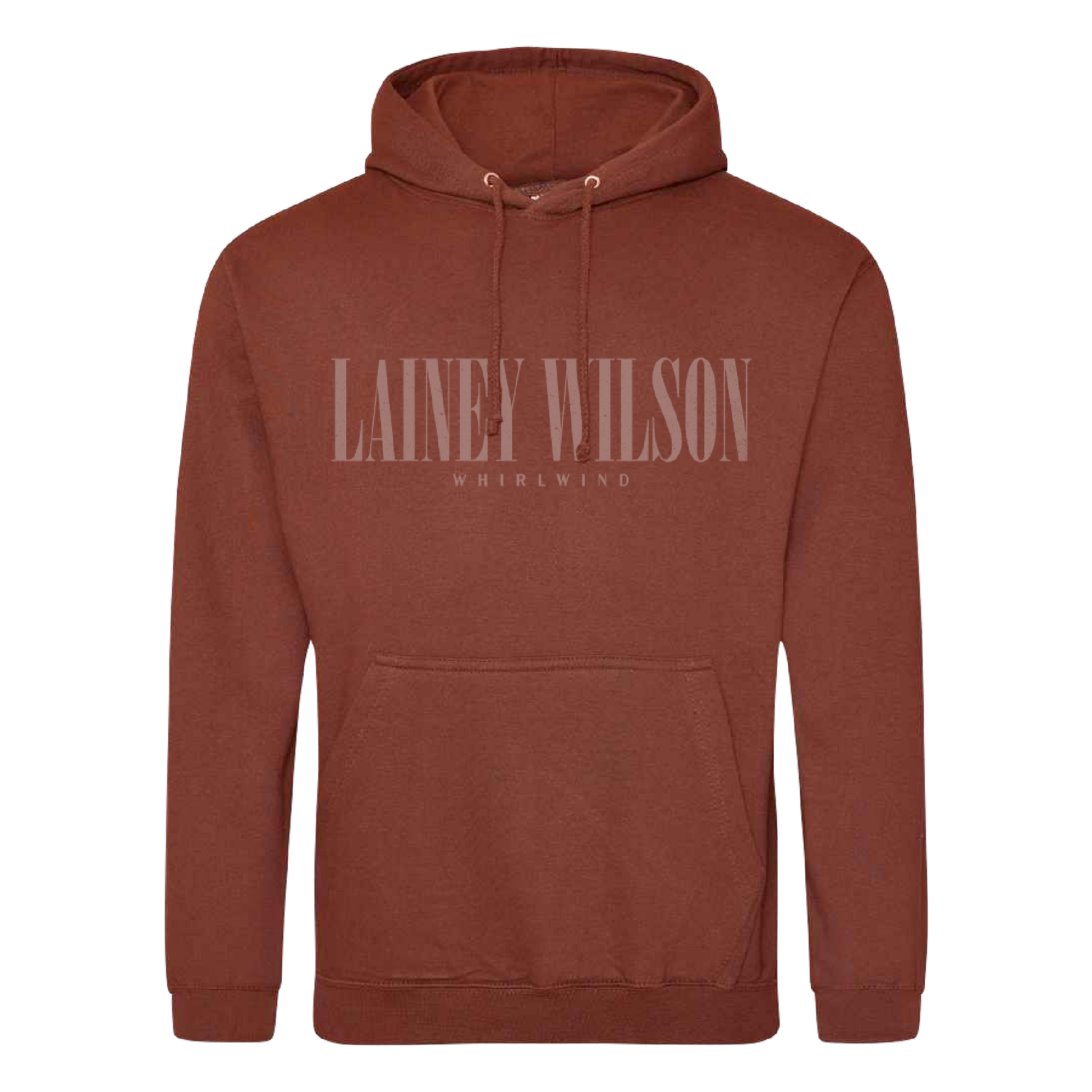 A rust-colored cotton hoodie featuring a front pocket and drawstrings with ’lainey wilson’ printed across the chest in matching tone.